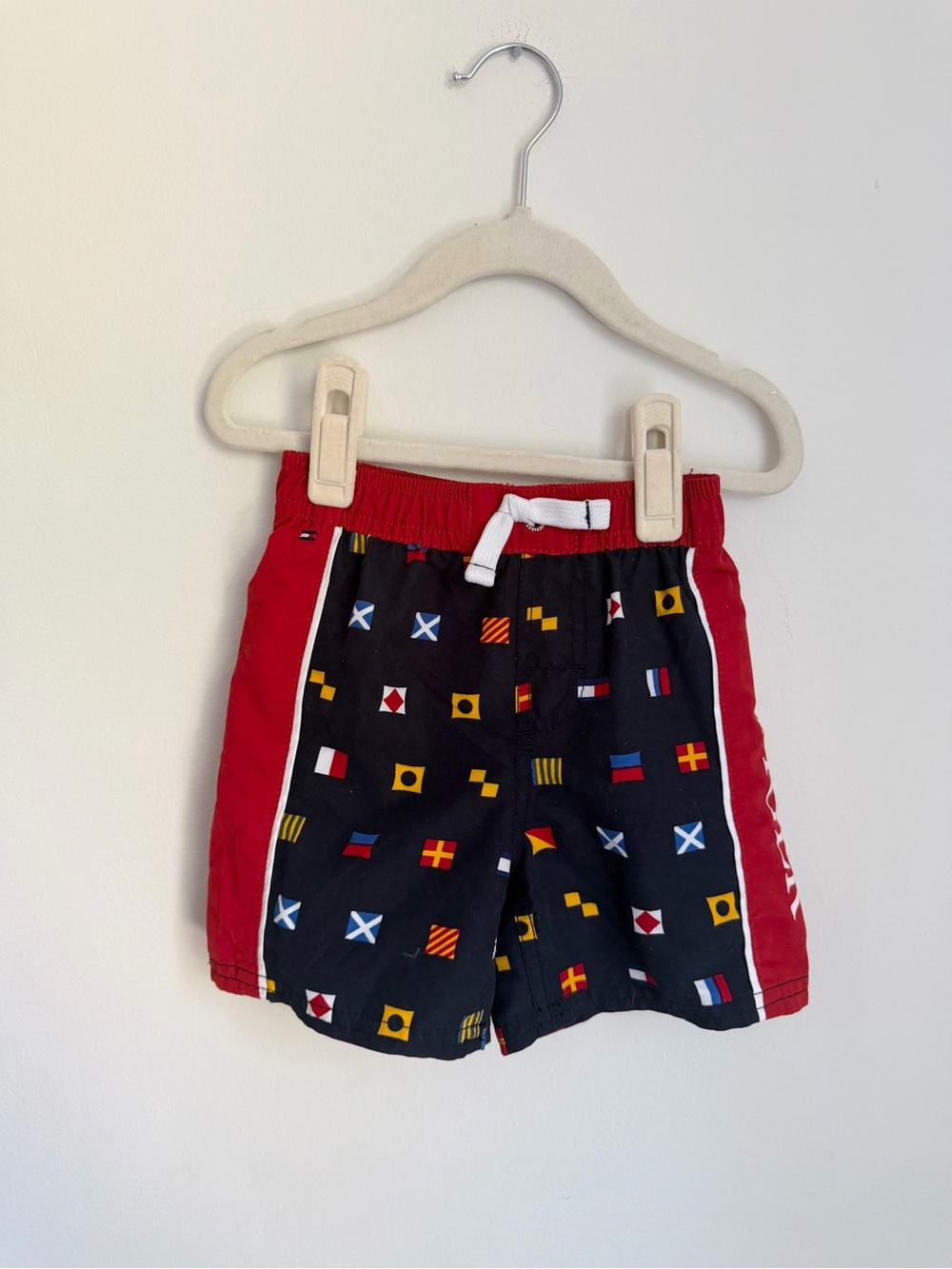 Tommy Hilfiger Navy & Red Flag Print Swim Trunks (Size 18m)